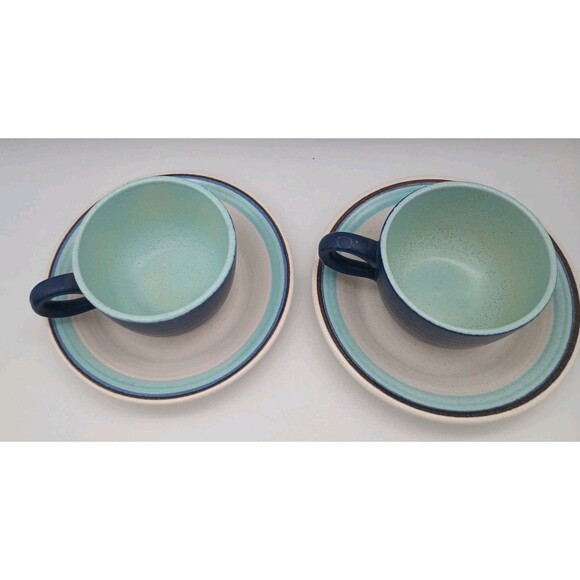 2 Vtg Franciscan Malibu Tea Cup And Saucer Blue Brown Speckled Stoneware - Picture 2 of 9